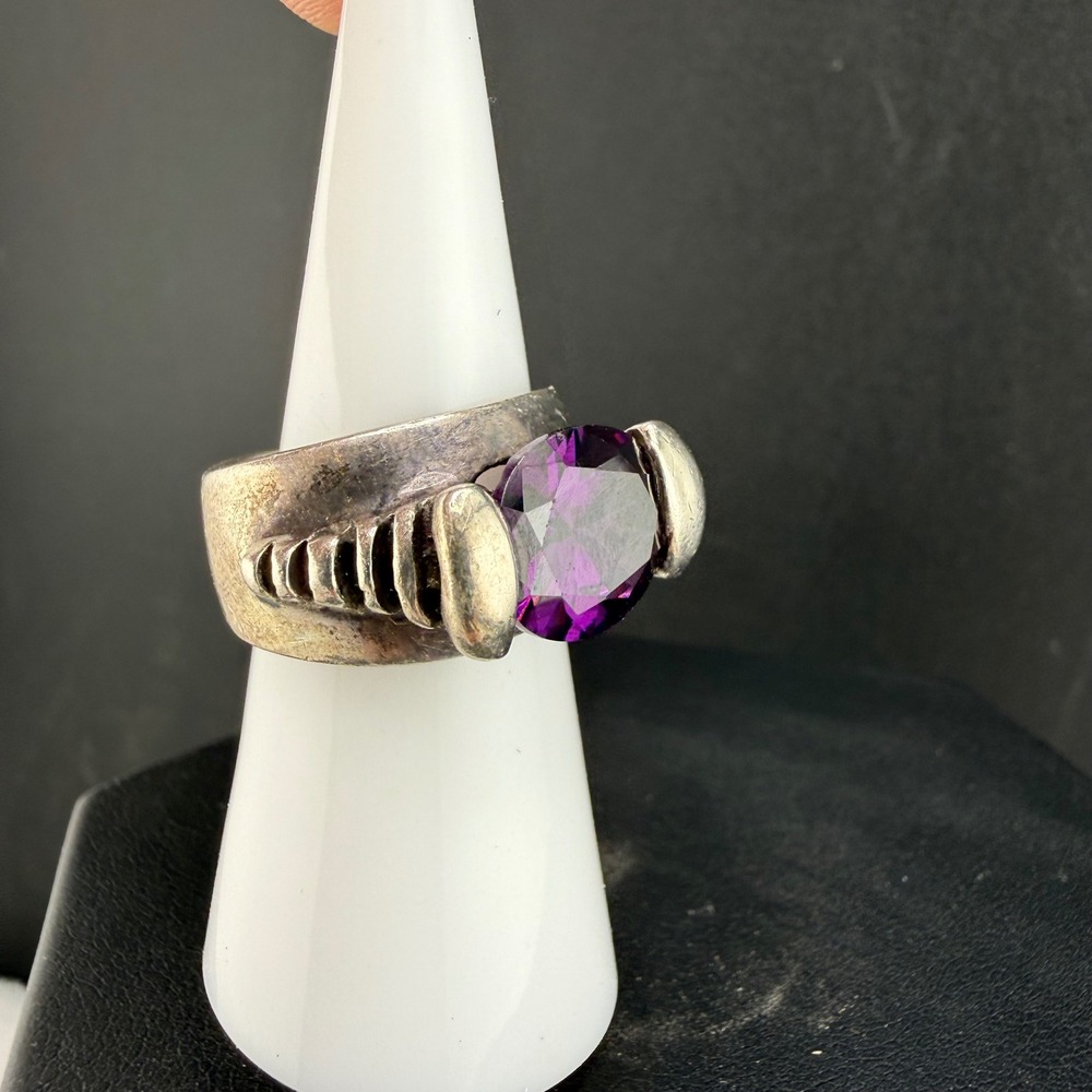 Vintage Mexican Sterling Statement Ring Purple Stone Brutalist Size 6.5